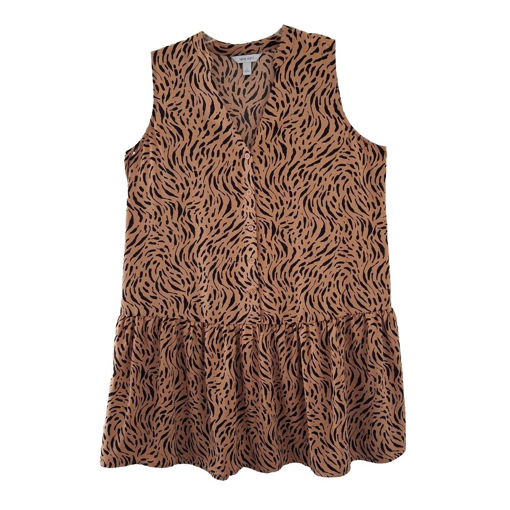 NINE WEST Button Front  Tiered Ruffle Hem Black/Tan Zebra Print Dress L party